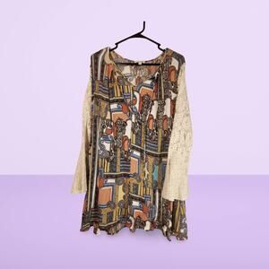 Umgee Boho Patchwork Print Tunic Dress Lace Bell Sleeves – Size Large